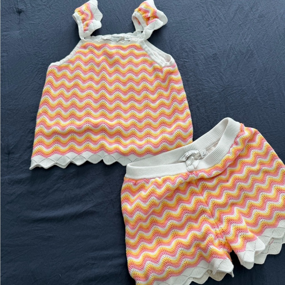 Girls Janie & Jack/ Knit Wave-Pattern Tank & Shorts Set - Pink, Yellow, Cream